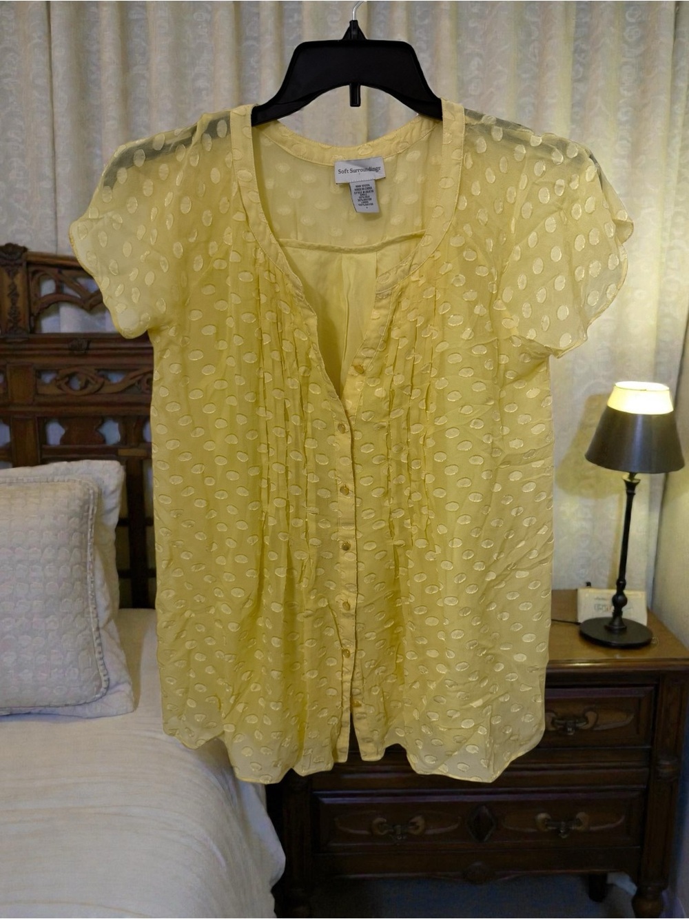 Soft Surroundings Yellow Dot Sheer Button-Up Blouse